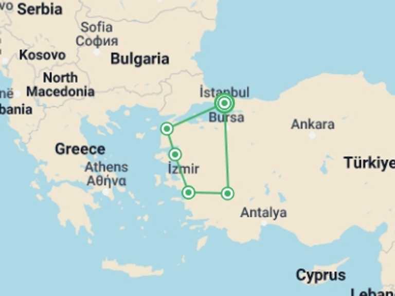 Map of Europe Tour with 5 destination visits for the trip: The Best of Turkey