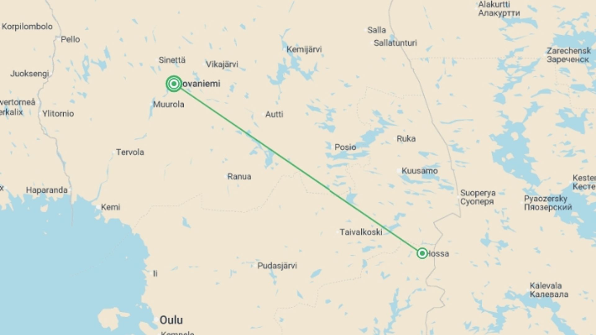 A map showing the tour itinerary for the trip: Finnish Lapland Winter Family Holiday, starting in Rovaniemi, Finland and ending in Rovaniemi, Finland going through 1 other destinations.
