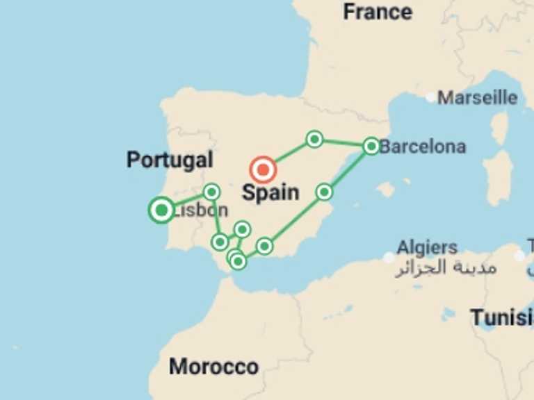 Map itinerary of Europe Tour in Summer with 8 destination visits for the trip: Lisbon to Andalucia, Barcelona & Madrid - 9 days