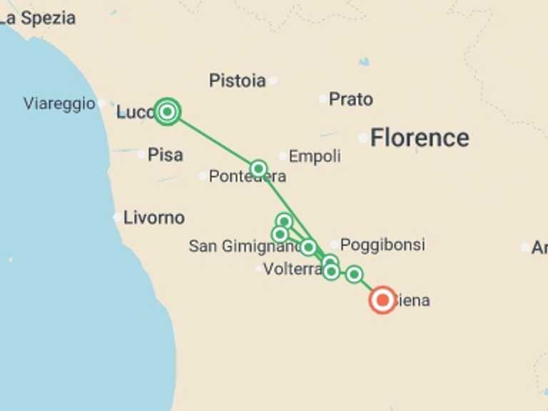 Map itinerary of Italy Tour in June 2026 with 7 destination visits for the trip: Via Francigena: Lucca to Siena