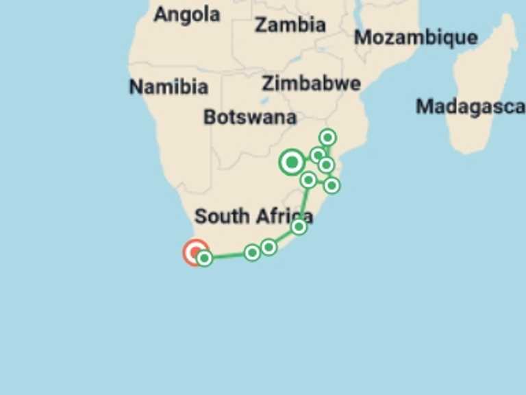 Map itinerary of Africa Tour in April 2027 with 14 destination visits for the trip: South Africa Encompassed