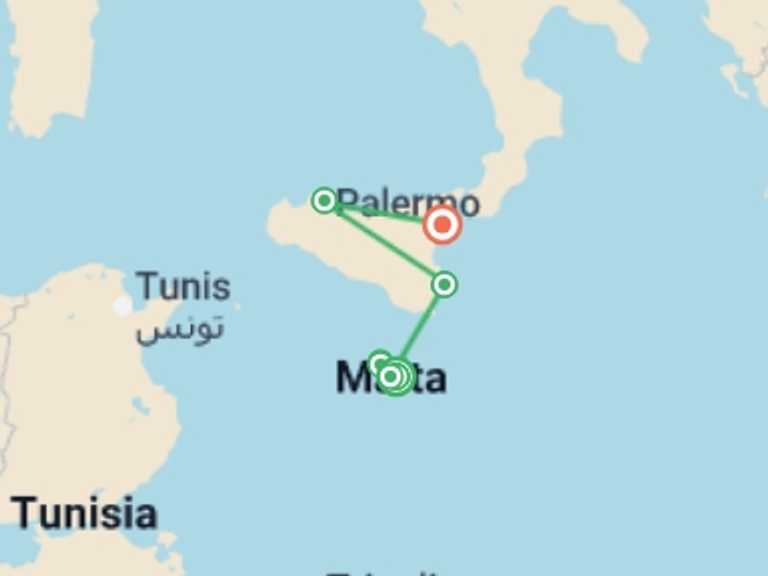 Map itinerary of Mediterranean Tour in September 2026 with 9 destination visits for the trip: Malta and Gozo Discovery + Classical Sicily