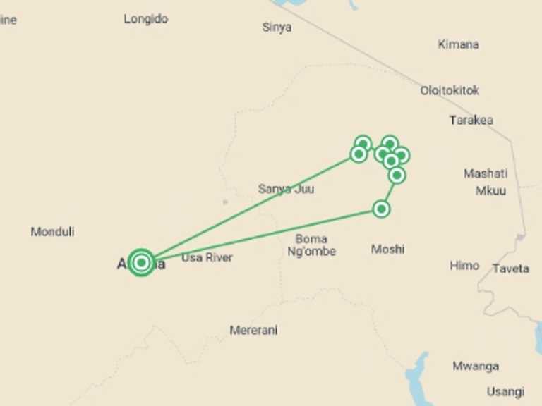 Map of 7-Day Arusha Tour with 9 destination visits for the trip: Mt Kilimanjaro Machame Route 7 days 6 nights