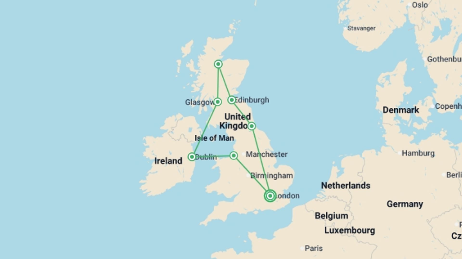 A map showing the tour itinerary for the trip: Leisurely United Kingdom, starting in London, England and ending in London, England going through 6 other destinations.