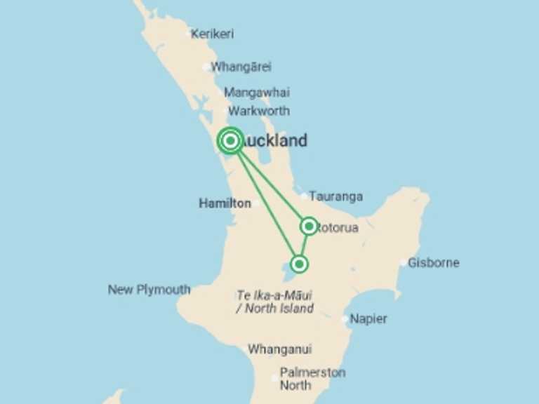 Map itinerary of New Zealand Tour in Spring with 3 destination visits for the trip: NZ Run Club: Muriwai Half Marathon