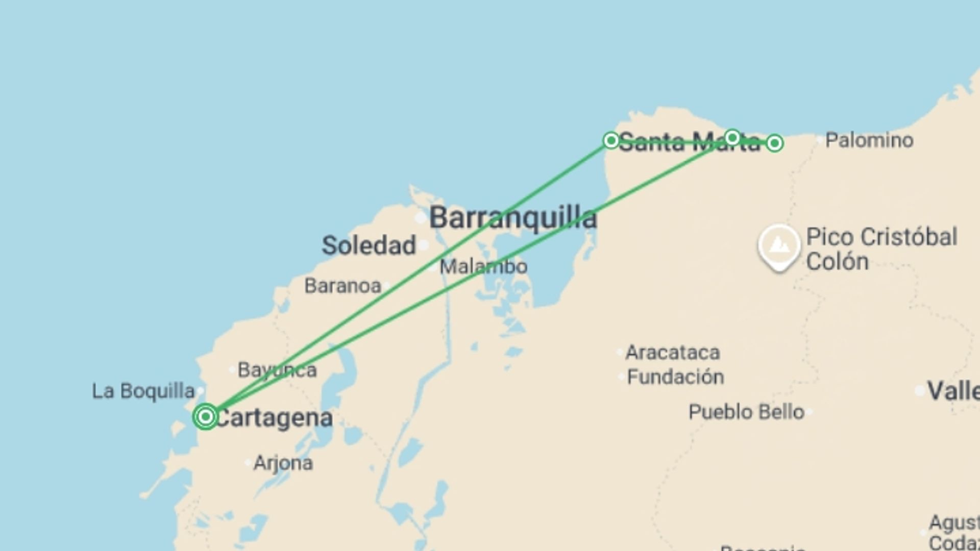 A map showing the tour itinerary for the trip: Explore Colombia, starting in Cartagena, Colombia and ending in Cartagena, Colombia going through 4 other destinations.