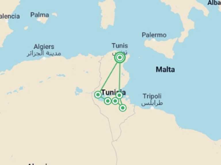 Map of a Sightseeing Tour with 4 destination visits for the trip: Tunisia: 5-Day Discovery Private Tour