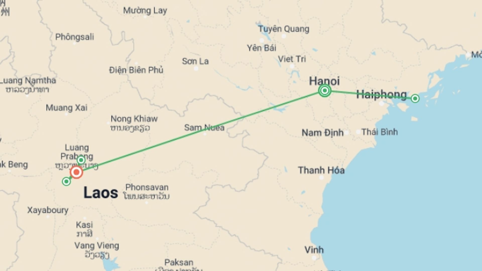 A map showing the tour itinerary for the trip: 8-Day Hanoi and Luang Prabang Sightseeing, starting in Hanoi, Vietnam and ending in Luang Prabang, Laos going through 1 other destinations.