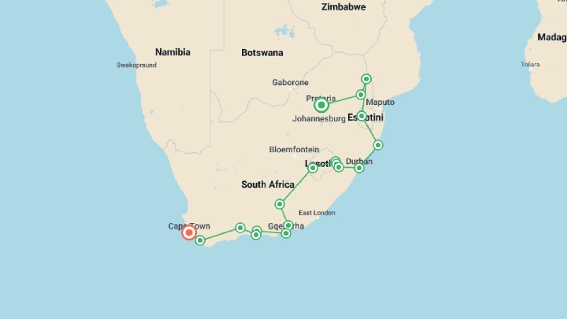 A map showing the tour itinerary for the trip: 20-day South Africa, Lesotho  Eswatini Explorer Accommodated, starting in Pretoria, South Africa and ending in Cape Town, South Africa going through 14 other destinations.
