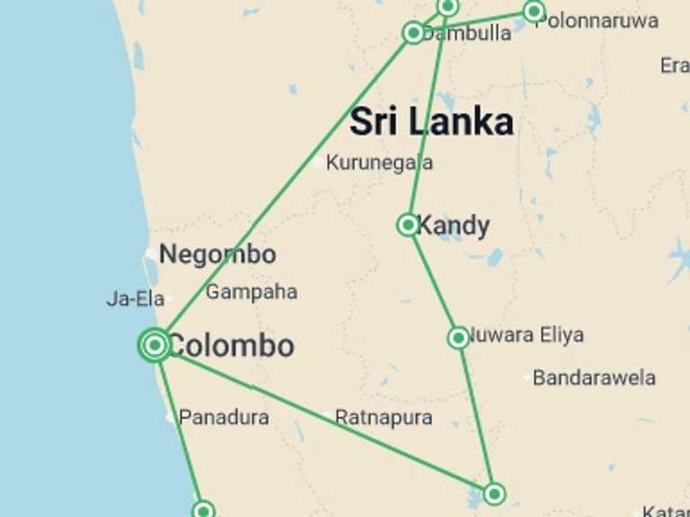 Map itinerary of Sri Lanka Tour in June 2026 with 6 destination visits for the trip: Best of Sri Lanka & Beach - 12 days