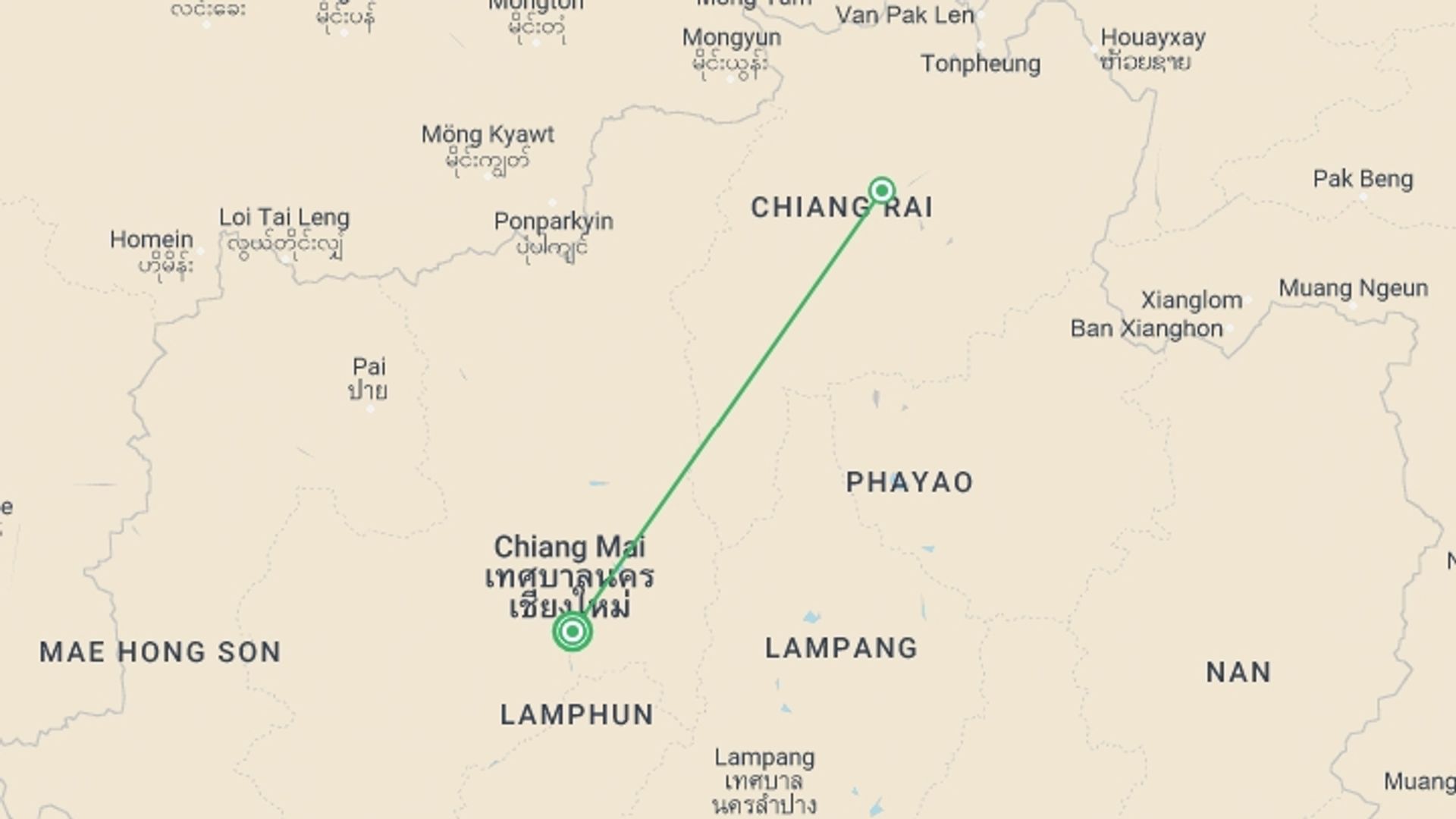 A map showing the tour itinerary for the trip: Thailand Hilltribe Trek, starting in Chiang Mai, Thailand and ending in Chiang Mai, Thailand going through 1 other destinations.