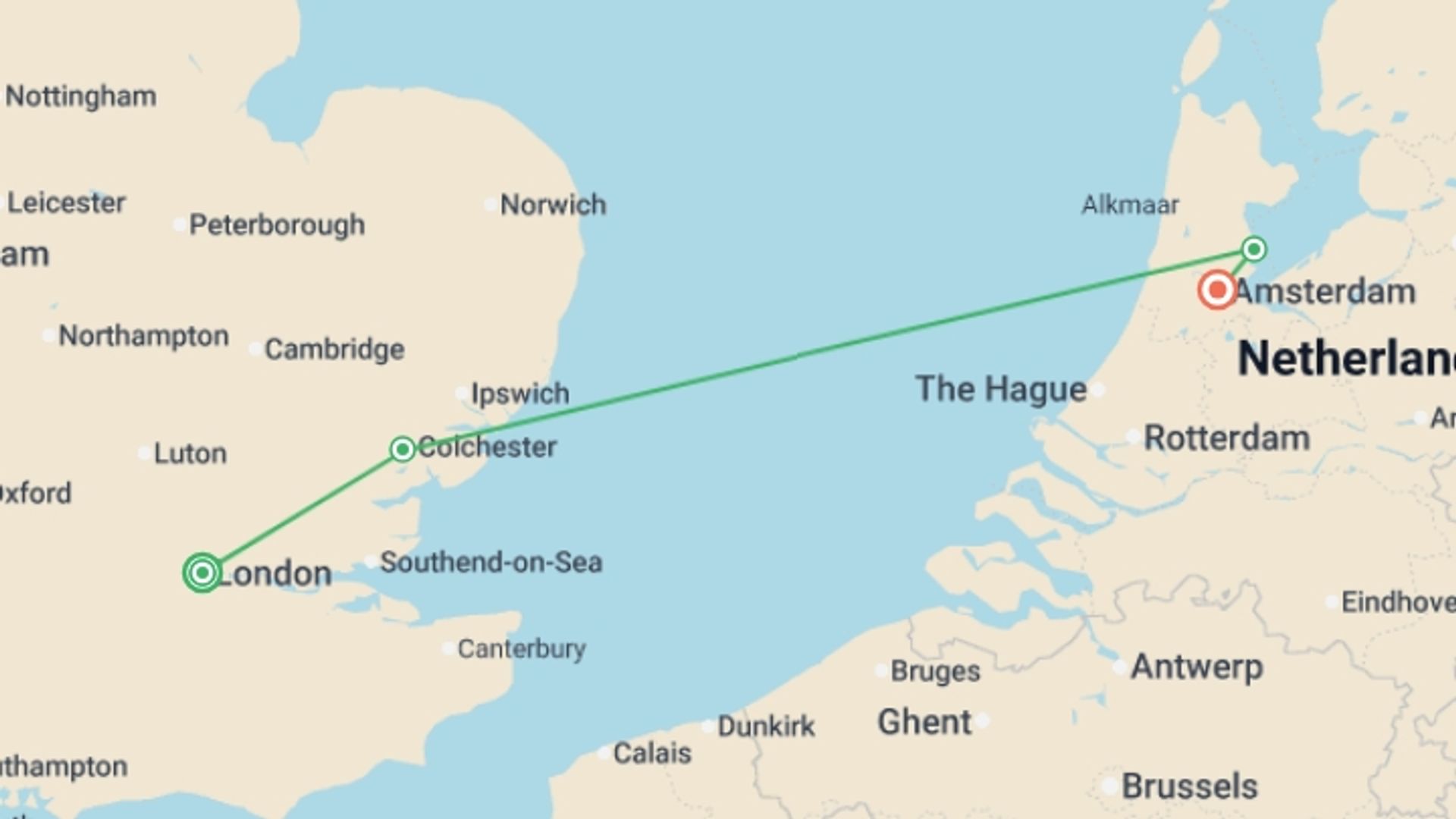 A map showing the tour itinerary for the trip: Northern Route, starting in London, England and ending in Amsterdam, Holland going through 1 other destinations.