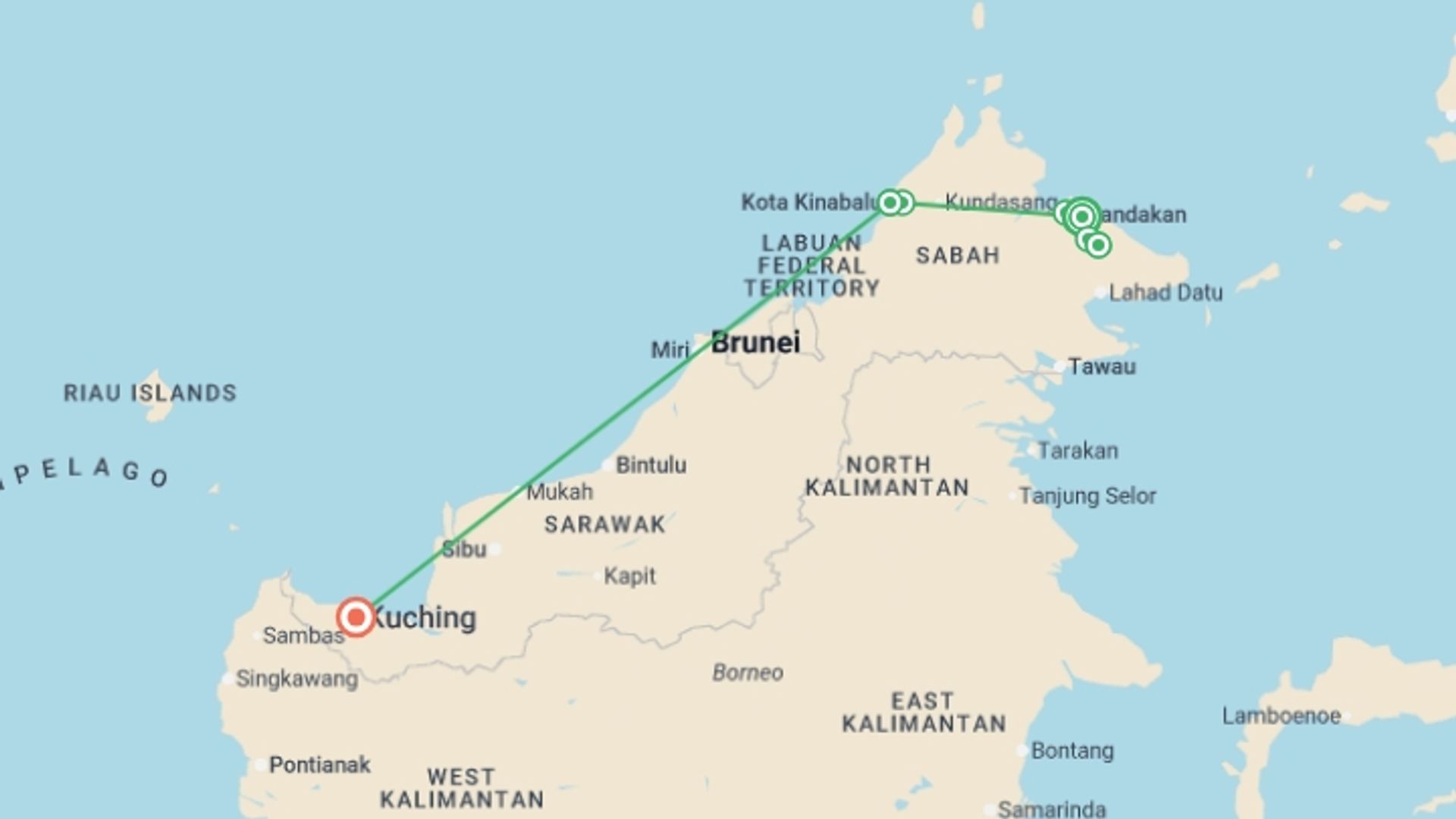 A map showing the tour itinerary for the trip: Borneo Malaysia Discovery Tour, starting in Sandakan, Malaysia and ending in Kuching, Malaysia going through 3 other destinations.