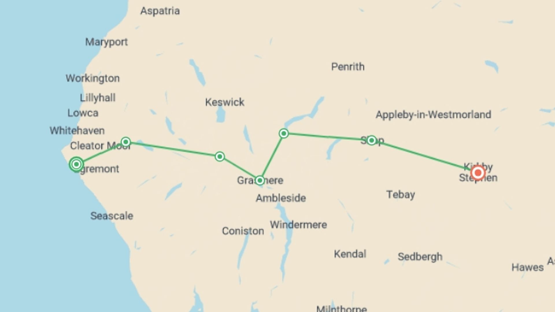 A map showing the tour itinerary for the trip: Coast to Coast West - St Bees to Kirkby Stephen - 8 Days, starting in St Bees, England and ending in Kirkby Stephen, England going through 5 other destinations.