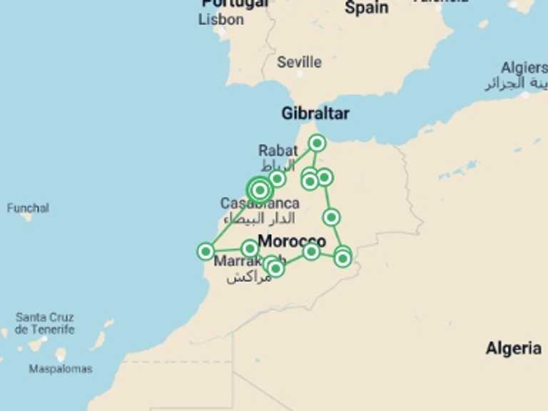 Map of 11-Day Marrakech Tour with 7 destination visits for the trip: Classic Morocco Luxury Tour