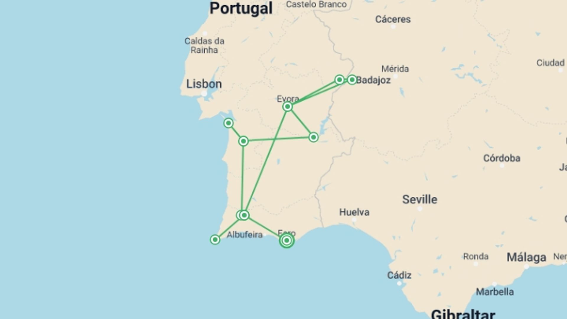 A map showing the tour itinerary for the trip: Portugal Inland Paths, Self-drive, starting in Faro, Portugal and ending in Faro, Portugal going through 3 other destinations.