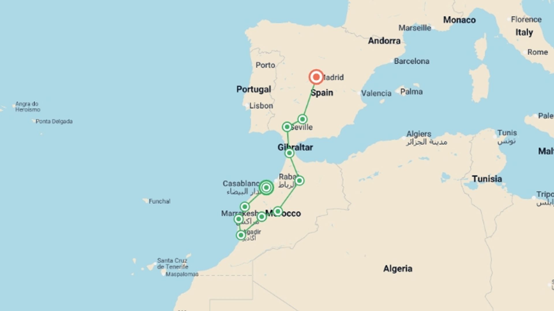 A map showing the tour itinerary for the trip: Atlantic Morocco, Seville and Madrid, starting in Casablanca, Morocco and ending in Madrid, Spain going through 6 other destinations.