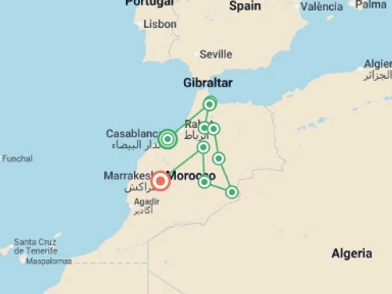 Map of 11-Day Africa Tour with 9 destination visits for the trip: Best of Morocco