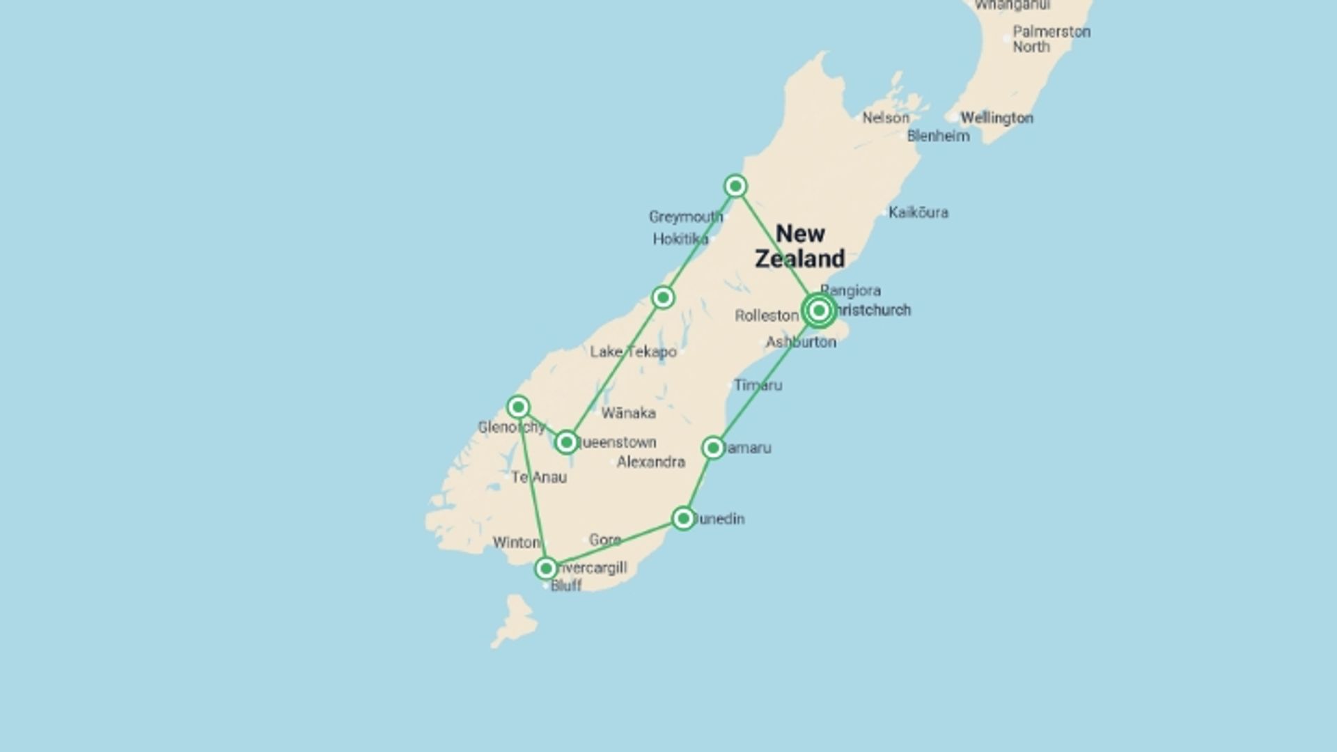 A map showing the tour itinerary for the trip: South Island Grand Discovery - 14 days, starting in Christchurch, New Zealand and ending in Christchurch, New Zealand going through 6 other destinations.