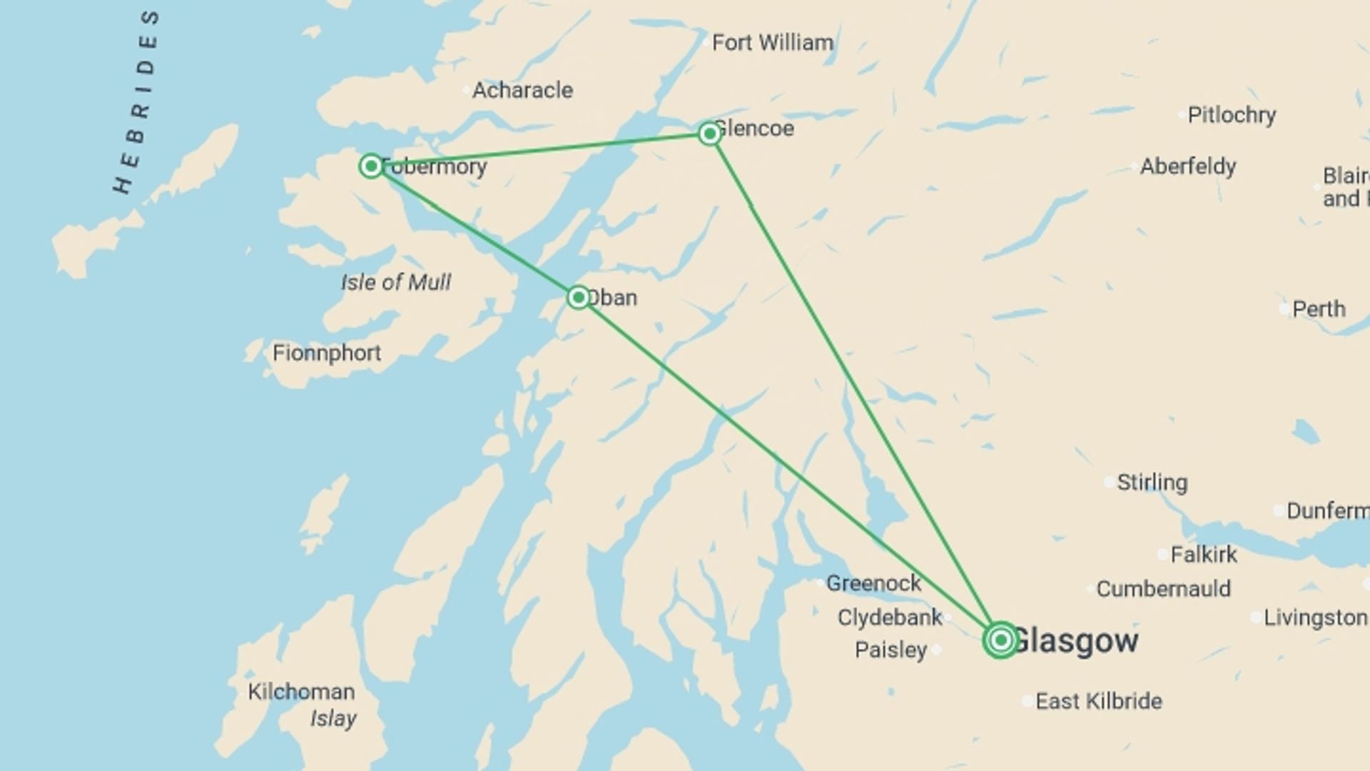 A map showing the tour itinerary for the trip: Magic Mull From Glasgow (Hotel) - 3 days, starting in Glasgow, Scotland and ending in Glasgow, Scotland going through 1 other destinations.