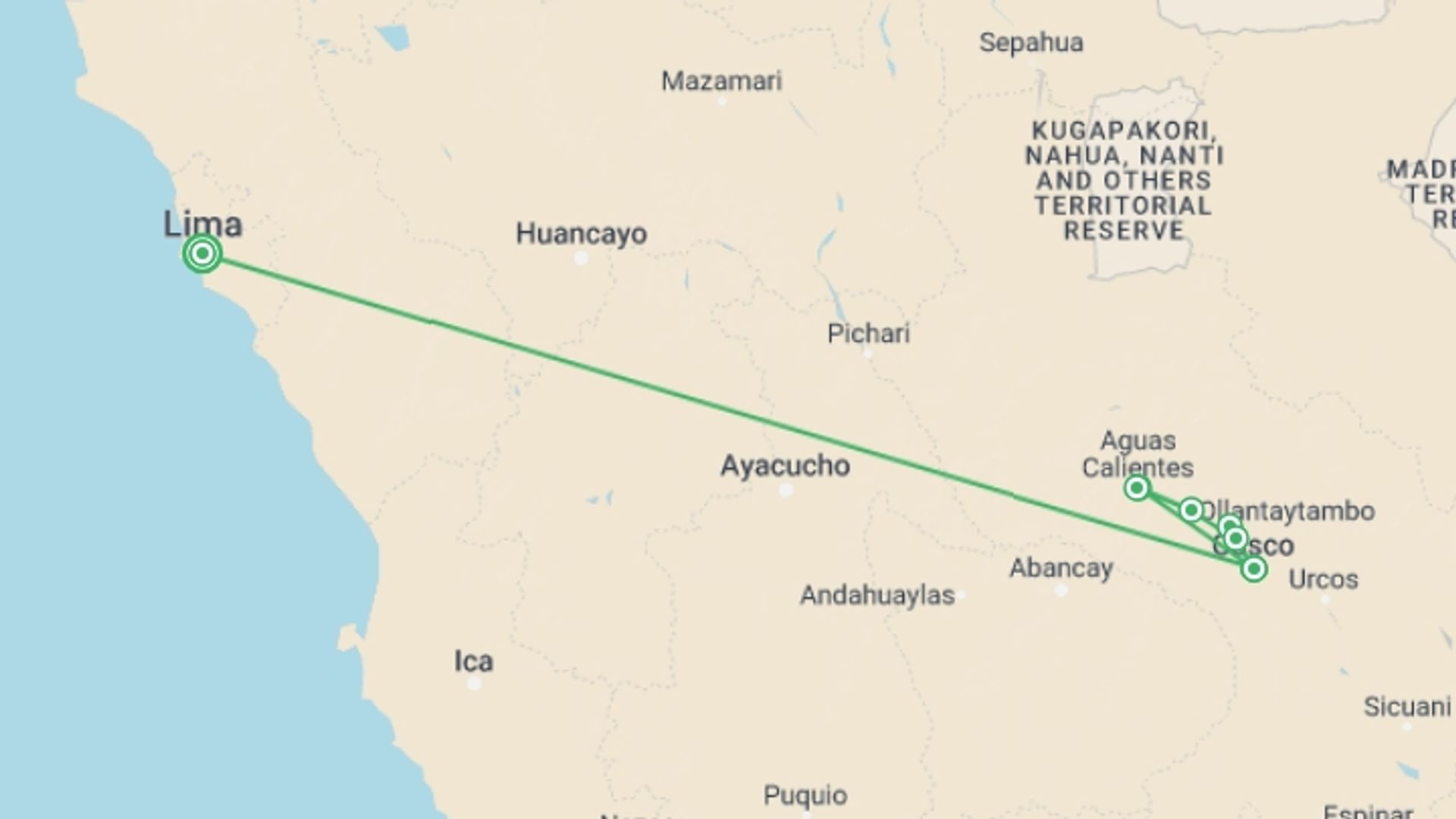A map showing the tour itinerary for the trip: Inca Treasures, Private Tour, starting in Lima, Peru and ending in Lima, Peru going through 4 other destinations.