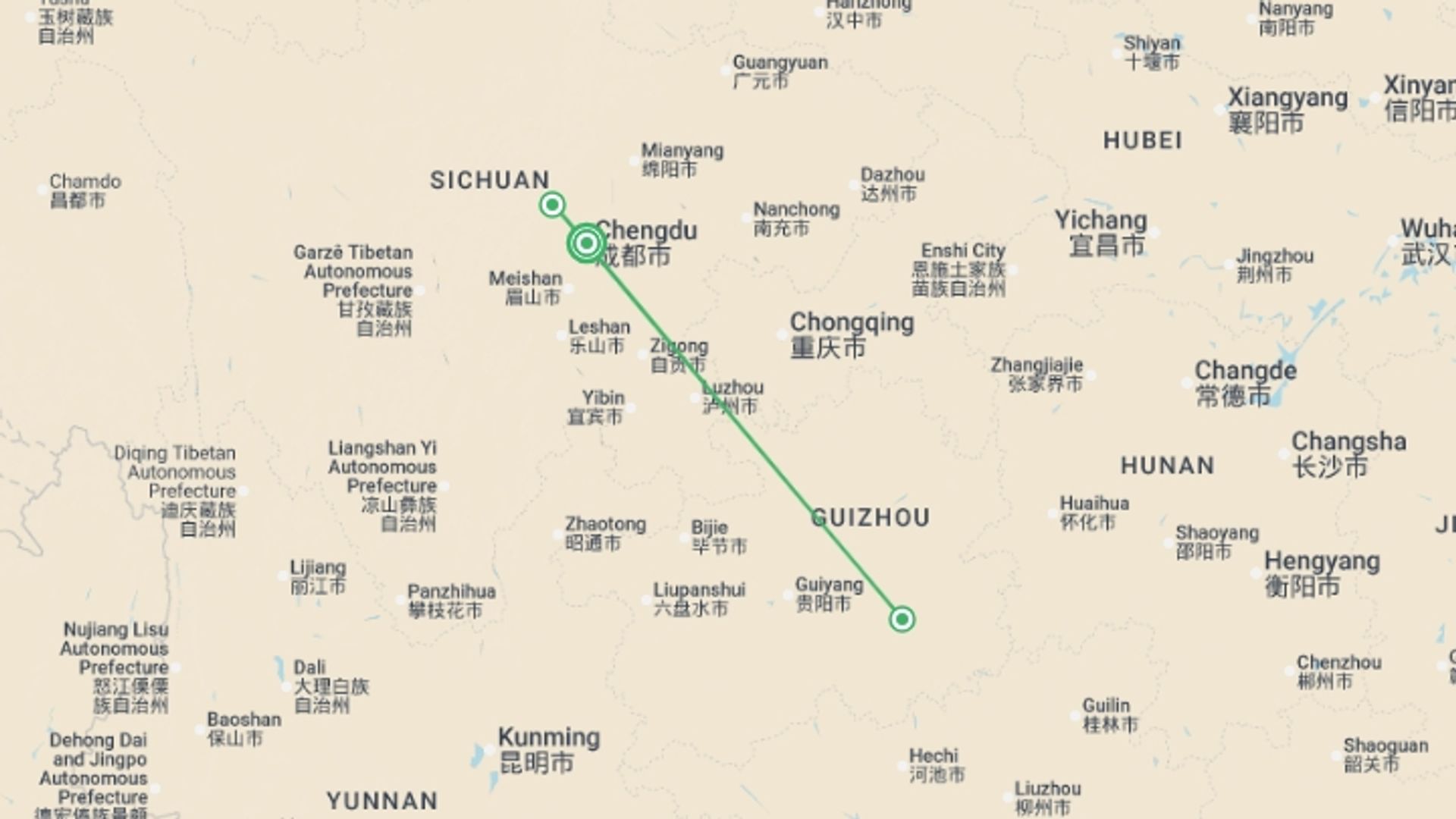 A map showing the tour itinerary for the trip: Chengdu City Break (Superior) - 4 days, starting in Chengdu, China and ending in Chengdu, China going through 1 other destinations.