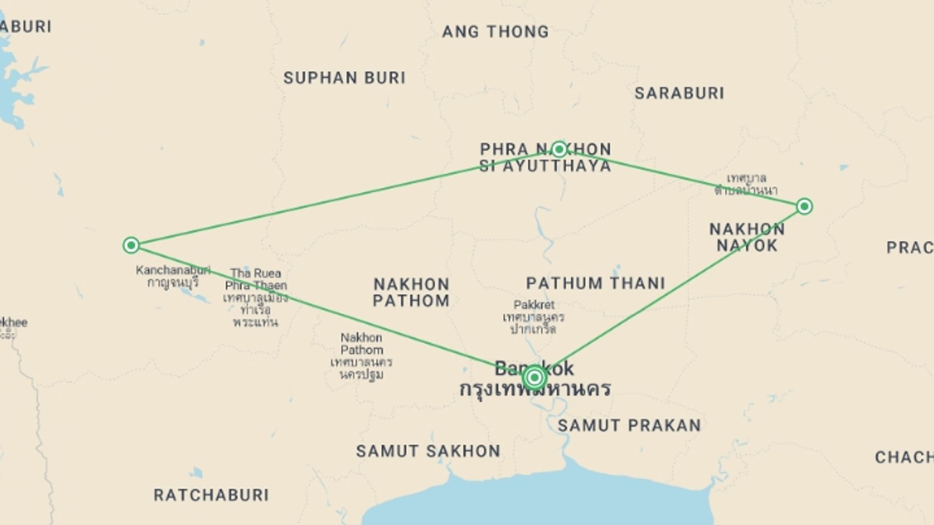 A map showing the tour itinerary for the trip: Central Thailand Highlights In A Loop 3 Days, Private Tour, starting in Bangkok, Thailand and ending in Bangkok, Thailand going through 2 other destinations.