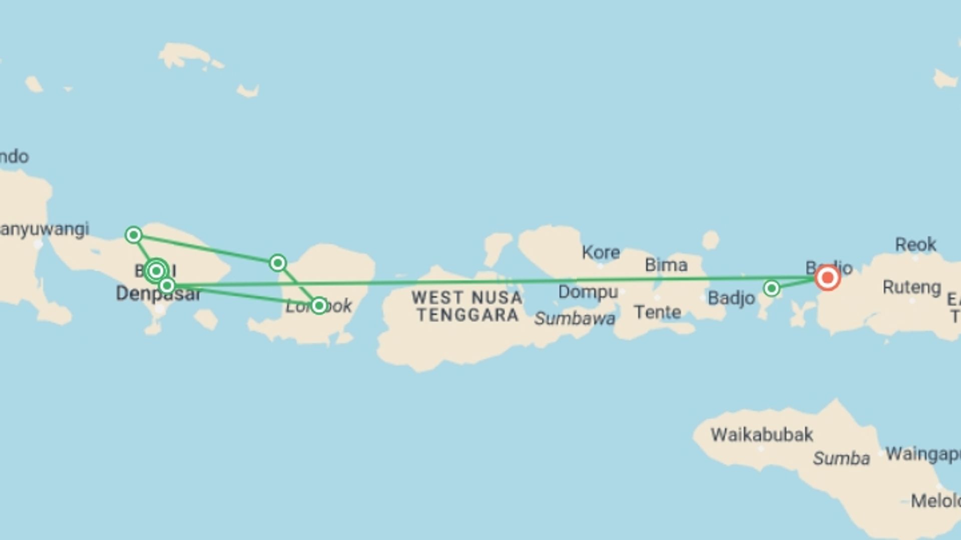 A map showing the tour itinerary for the trip: Epic Indonesia 19 Day, starting in Bali, Indonesia and ending in Labuan Bajo, Indonesia going through 6 other destinations.