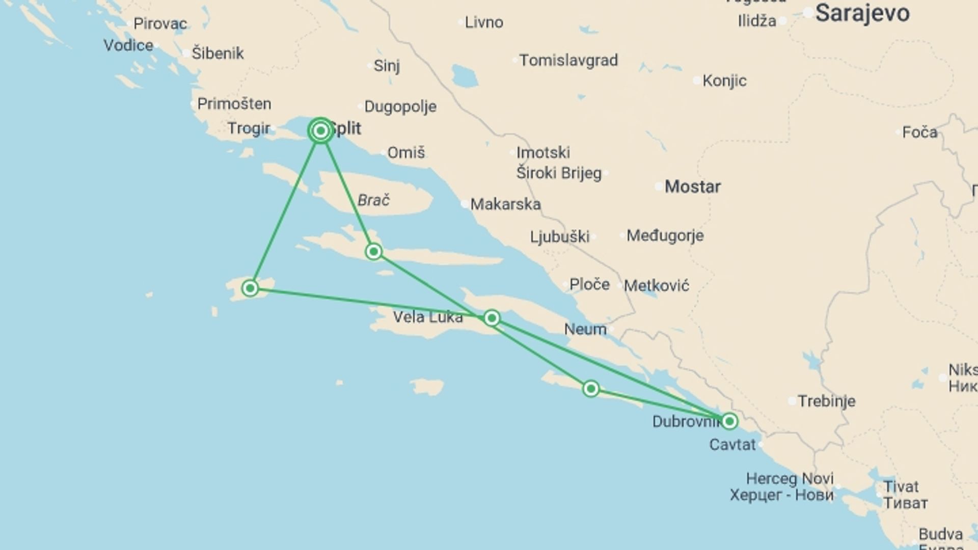 A map showing the tour itinerary for the trip: Delightful Dalmatia Cruise, 8 Days On Deluxe Yacht, starting in Split, Croatia and ending in Split, Croatia going through 5 other destinations.