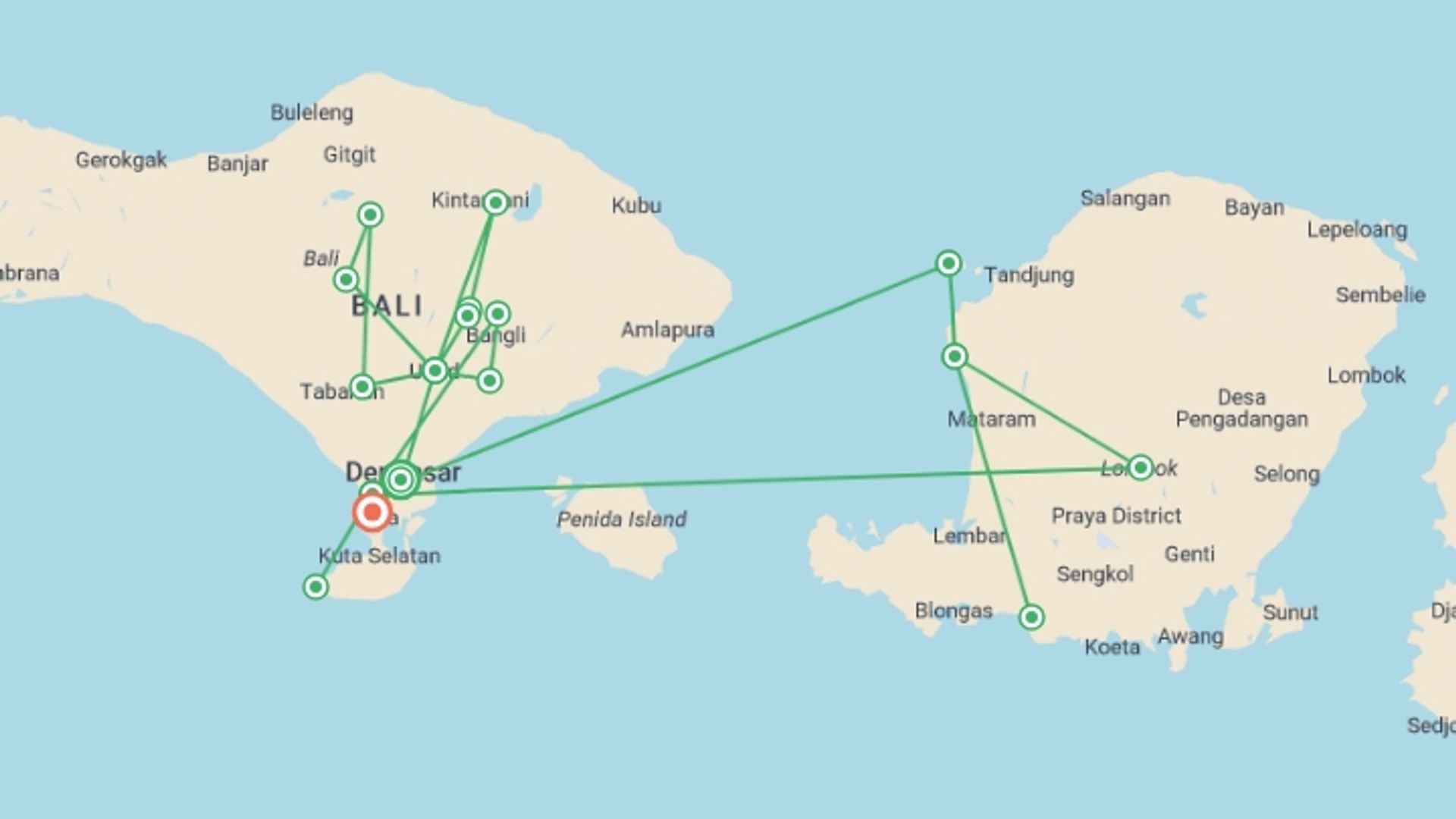 A map showing the tour itinerary for the trip: Chanting Of Paradise In Indonesia, Private Tour, starting in Denpasar, Indonesia and ending in Kuta, Indonesia going through 4 other destinations.