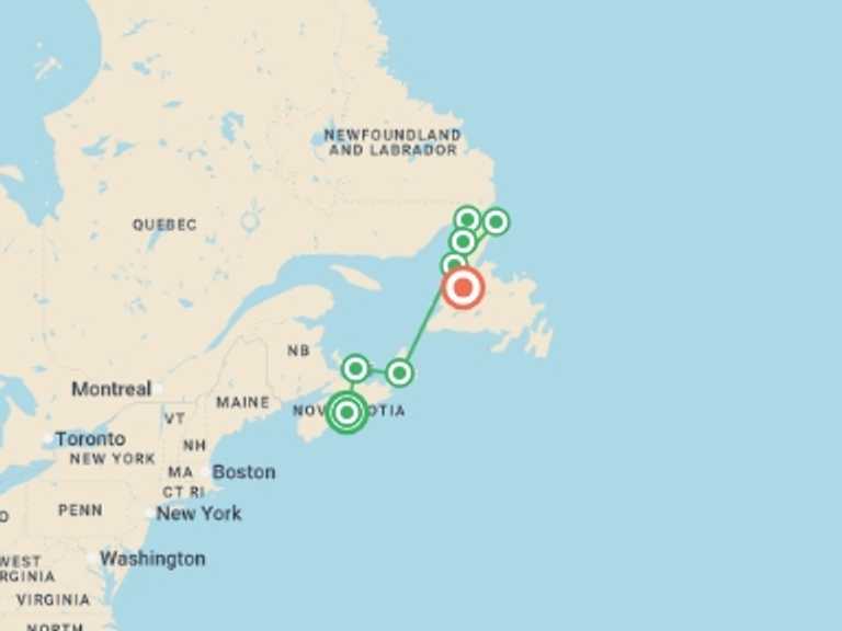 Map of 13-Day Canada Tour with 8 destination visits for the trip: Nova Scotia, Prince Edward & Newfoundland (Small Group) - 13 days