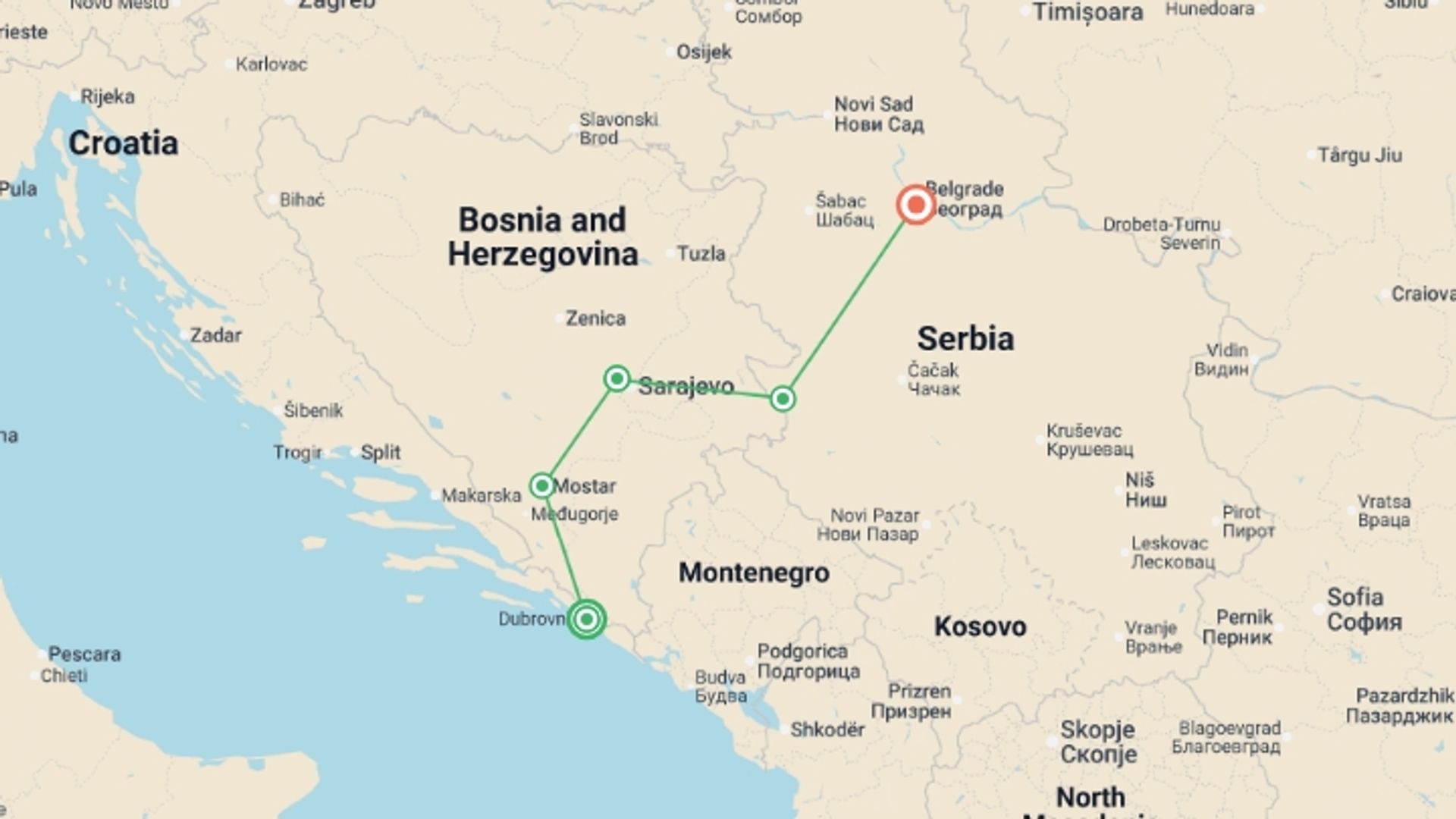 A map showing the tour itinerary for the trip: Premium Balkans, starting in Dubrovnik, Croatia and ending in Belgrade, Serbia going through 3 other destinations.