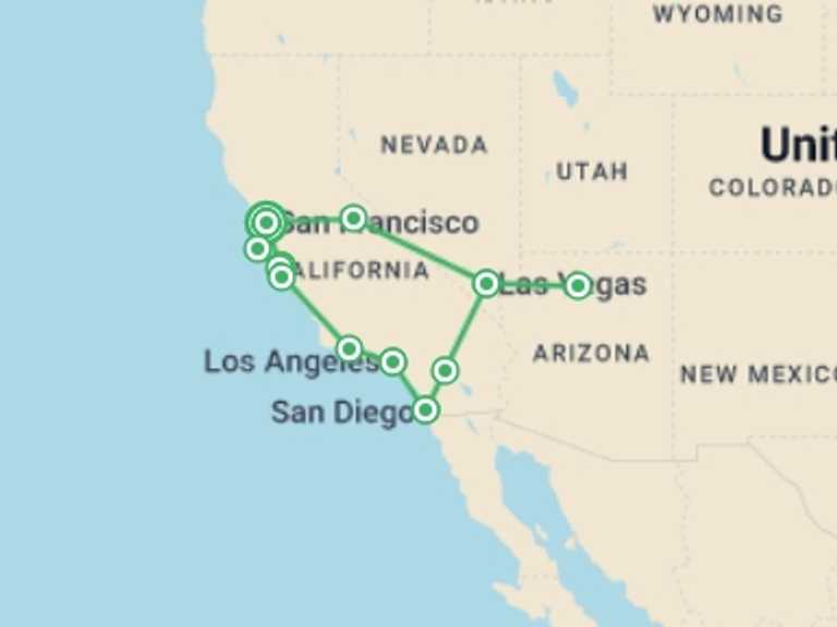 Map of North America Tour with 7 destination visits for the trip: West Coast Encompassed - 14 days