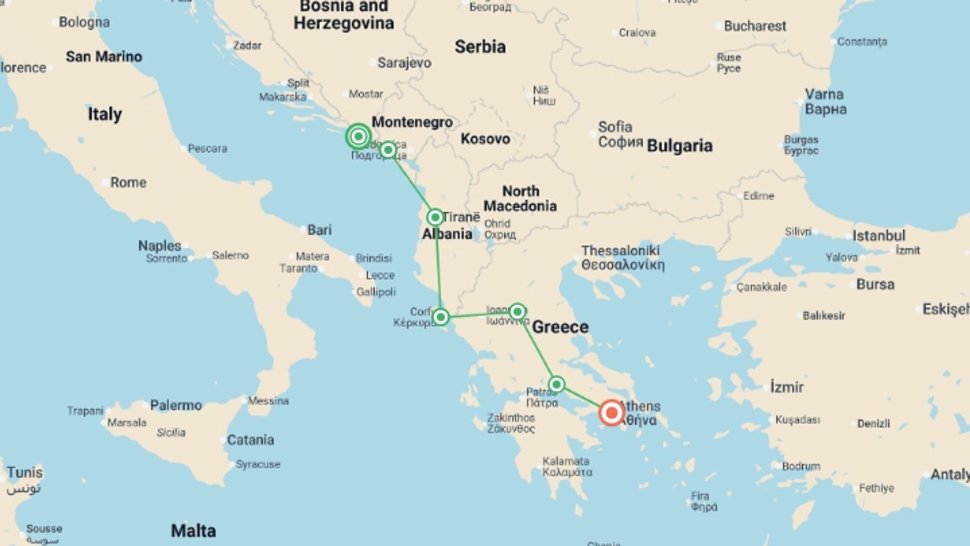 A map showing the tour itinerary for the trip: Southern Europe: Croatia, Montenegro & Ancient Greece, starting in Dubrovnik, Croatia and ending in Athens, Greece going through 5 other destinations.