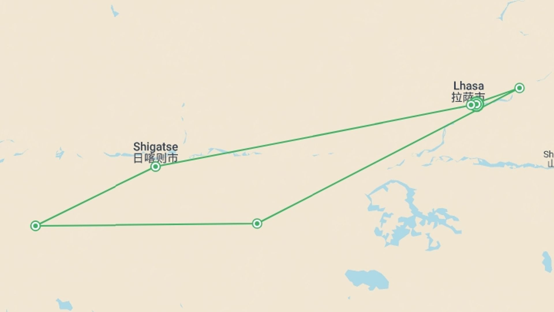 A map showing the tour itinerary for the trip: Tibetan Culture and Central Tibet Tour, starting in Lhasa, China and ending in Lhasa, China going through 3 other destinations.