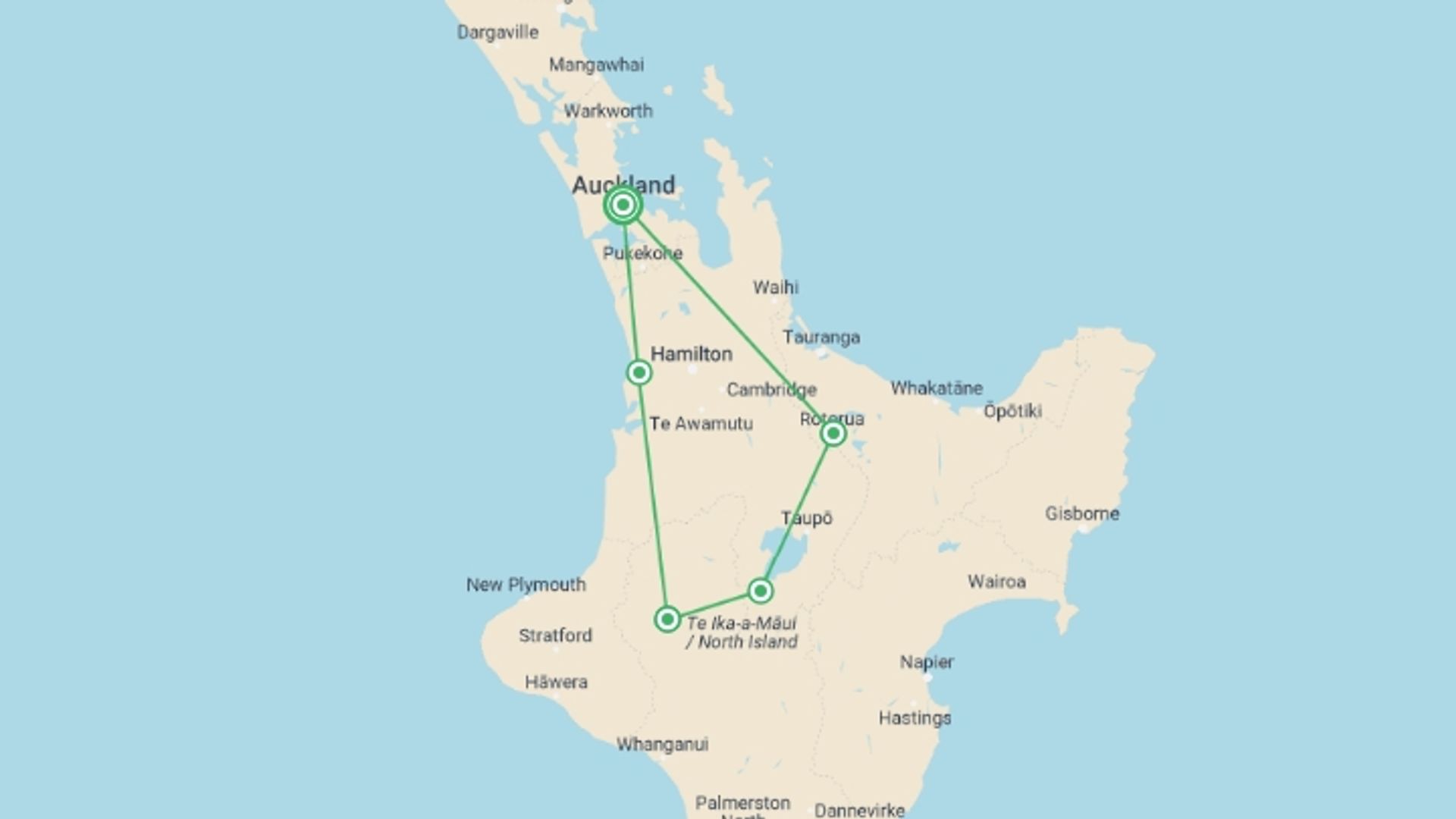 A map showing the tour itinerary for the trip: New Zealand – North Island Multisport, starting in Auckland, New Zealand and ending in Auckland, New Zealand going through 4 other destinations.