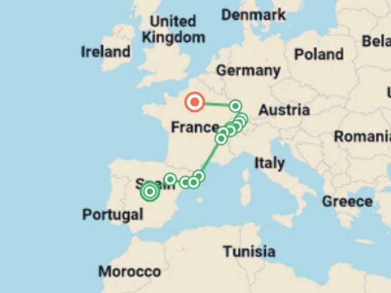 Map of 10-Day Madrid Tour with 7 destination visits for the trip: Spain, Switzerland and Paris