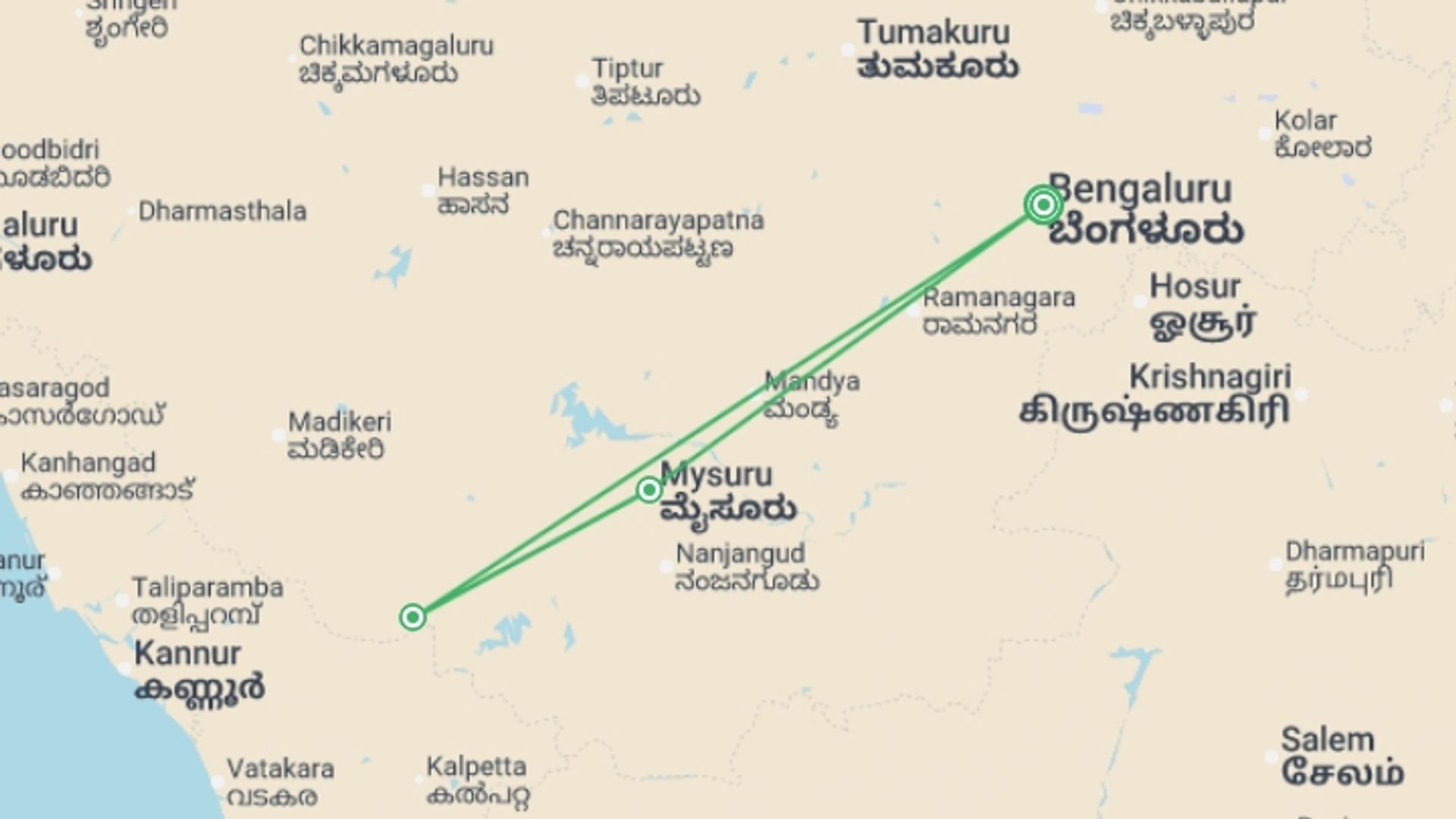 A map showing the tour itinerary for the trip: Bangalore, Mysore & Nagarhole - 8 days, starting in Bangalore, India and ending in Bangalore, India going through 2 other destinations.