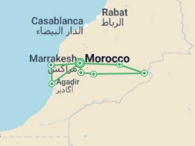 Map itinerary of North Africa Tour in October 2025 with 7 destination visits for the trip: Real Morocco