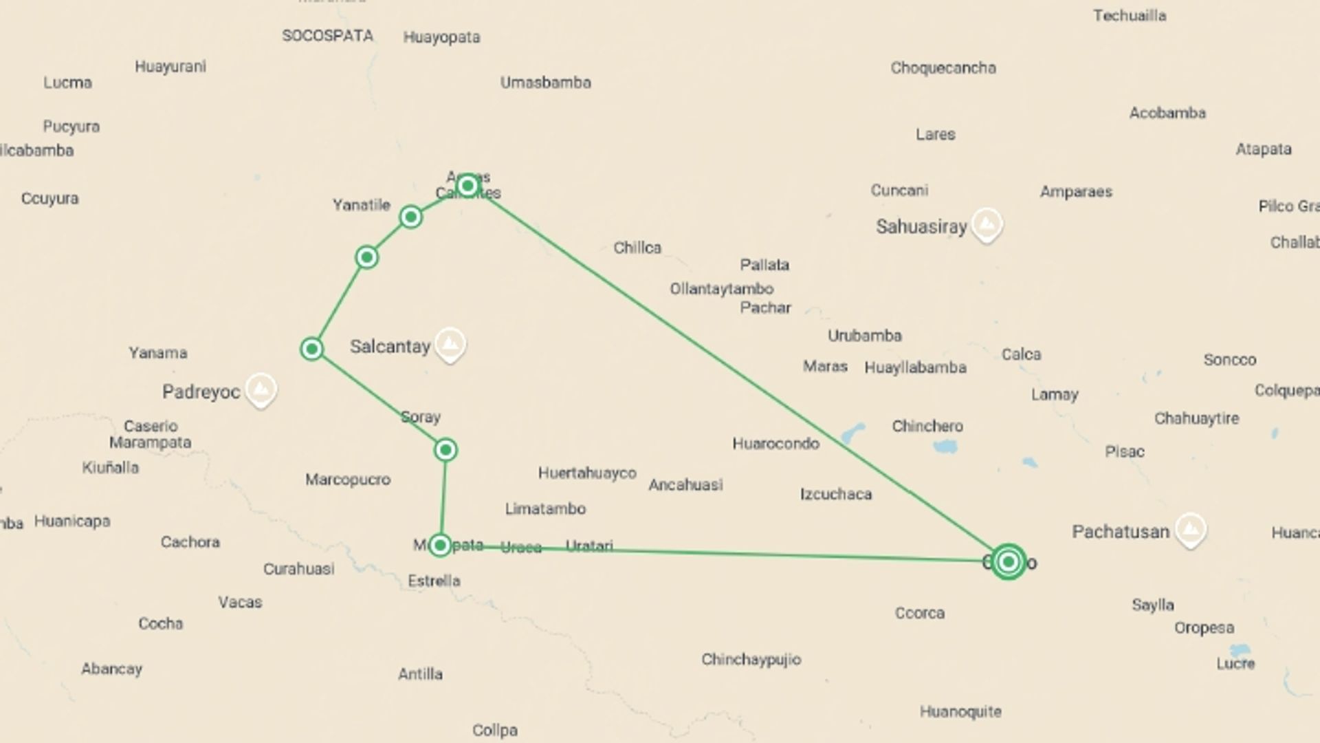 A map showing the tour itinerary for the trip: Salkantay Trek To Machu Picchu: 5 Days , starting in Cusco, Peru and ending in Cusco, Peru going through 6 other destinations.