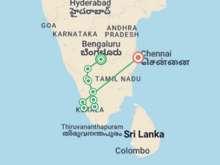 Map of a Adventure Tour with 10 destination visits for the trip: Bike, Hike & Kayak South India