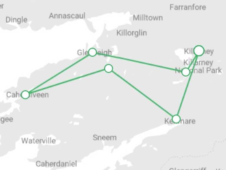 Map itinerary of Ireland Tour in April 2026 with 6 destination visits for the trip: Unspoilt Ring of Kerry Cycling