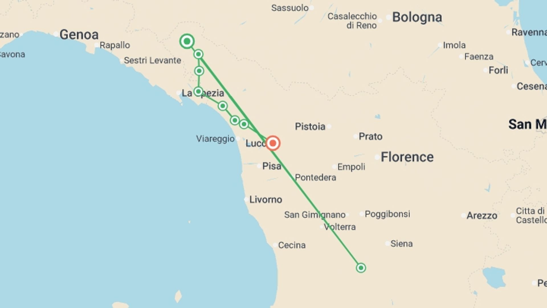 A map showing the tour itinerary for the trip: Via Francigena: Pontremoli to Lucca, starting in Pontremoli, Italy and ending in Lucca, Italy going through 6 other destinations.