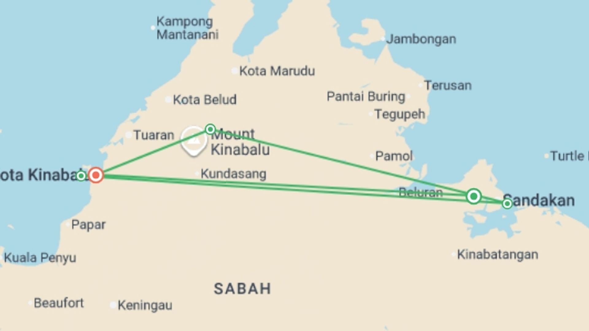 A map showing the tour itinerary for the trip: Borneo Family Holiday Comfort, starting in Sepilok, Malaysia and ending in Kota Kinabalu, Malaysia going through 3 other destinations.
