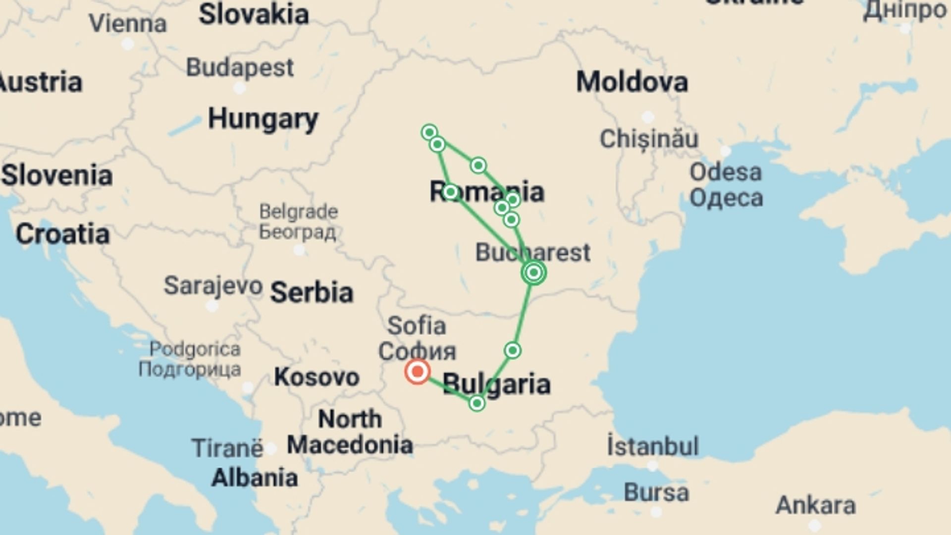 A map showing the tour itinerary for the trip: Treasures of Transylvania (4 Star Hotels), starting in Bucharest, Romania and ending in Sofia, Bulgaria going through 4 other destinations.
