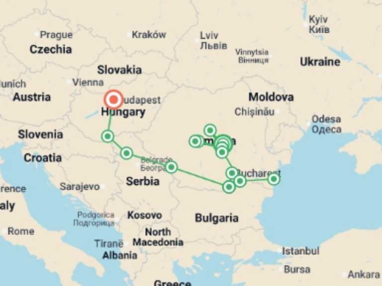 Map itinerary of Europe Tour in Fall with 9 destination visits for the trip: Along the Danube, the Balkan peninsula and Budapest (port-to-port cruise)