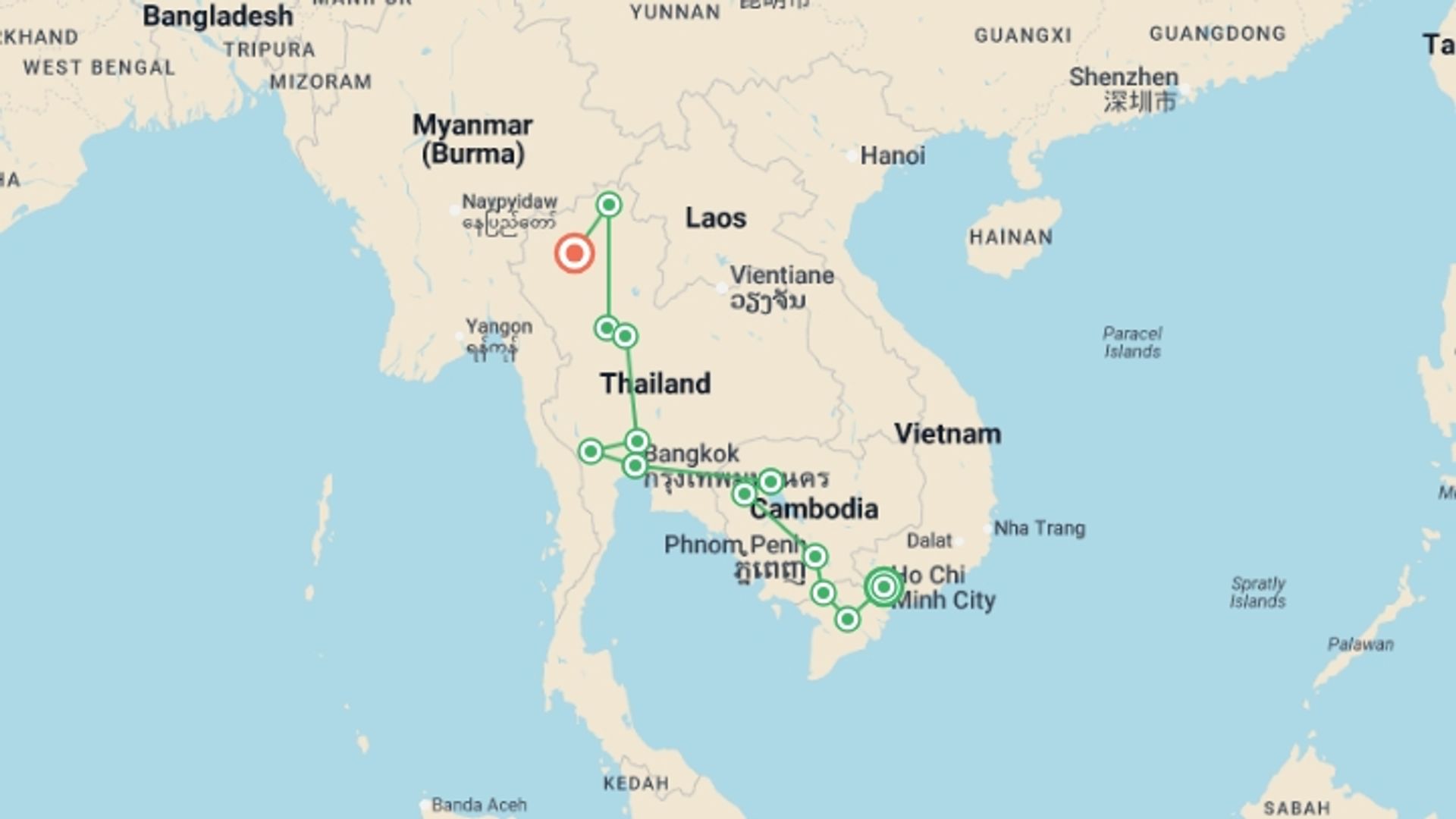 A map showing the tour itinerary for the trip: Amazing Vietnam & Cambodia and Thailand ends Chiang Mai (4 Star Hotels), starting in Ho Chi Minh City, Vietnam and ending in Chiang Mai, Thailand going through 9 other destinations.