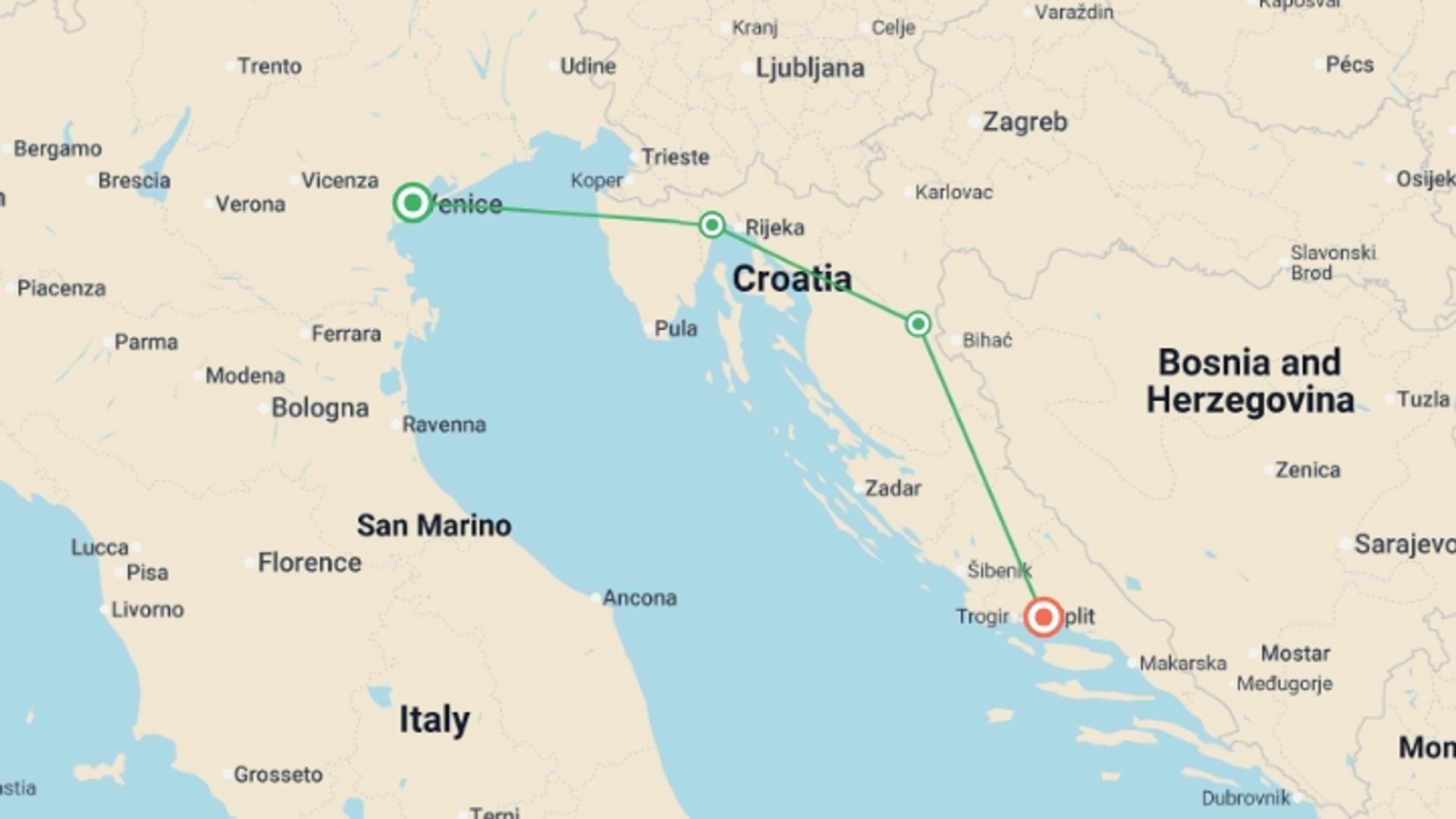 A map showing the tour itinerary for the trip: Venice to Split - 4 Days, starting in Venice, Italy and ending in Split, Croatia going through 1 other destinations.
