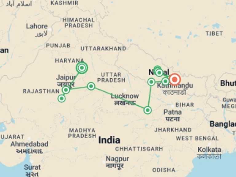 Map itinerary of New Delhi Tour in October 2026 with 13 destination visits for the trip: Epic India to Nepal