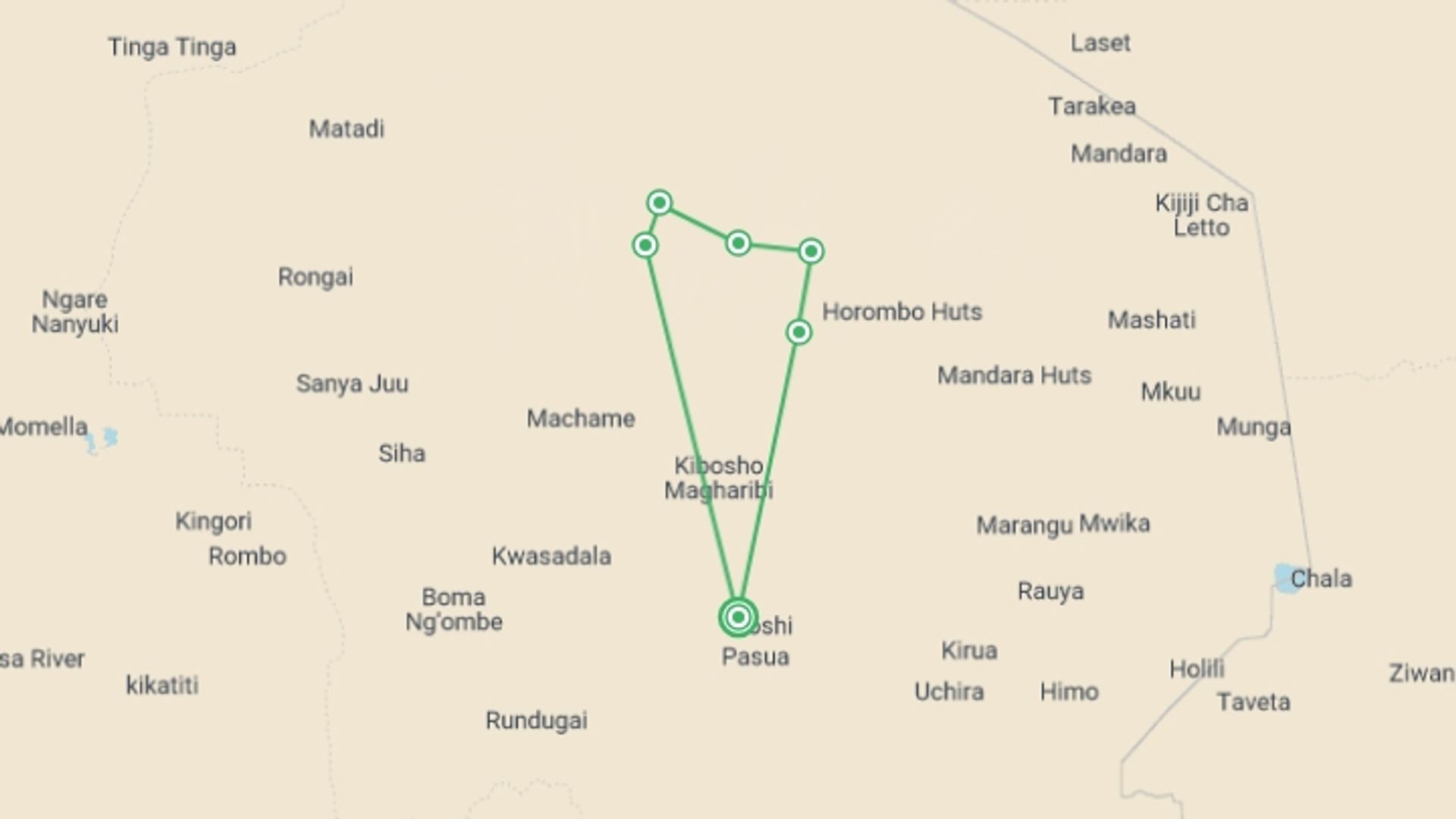 A map showing the tour itinerary for the trip: 6 Day Machame Route Kilimanjaro Trek, starting in Moshi, Tanzania and ending in Moshi, Tanzania going through 6 other destinations.